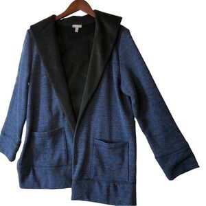Talbot Knit Jacket Women L Blue Black Open Front Pockets Shawl Collar Lapels